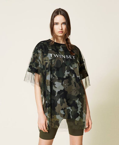 T-shirt con tulle e stampa camouflage